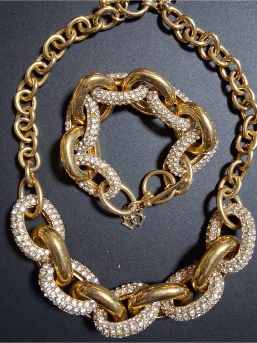 Vtg Ann Taylor chunky Gold-Tone Crystal Link Necklace and Bracelet Set 1990s
